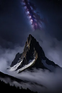 looking up at the tallest single mountain sharp face rising out of the misty foreground into the clear night sky background.