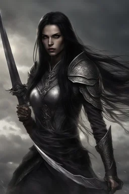 SA female elf with skin the color of storm clouds, deep grey, stands ready for battle. Her long black hair flows behind her like a shadow, while her eyes gleam with a fierce silver light. Despite the grim set of her mouth, there's a undeniable beauty in her fierce countenance. She's been in a fight, evidenced by the ragged state of her leather armor and the red cape that's seen better days, edges frayed and torn. In her hands, she grips two daggers, add dark shadow mystic purple flames