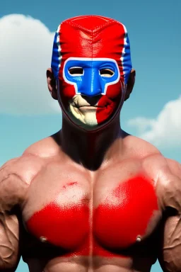 realistic image of joe biden as a mexican wrestling fighter posing, Mexican eyes wrestling mask, red and blue breeches, retro style, 80s, vibrant color, highly detailed, sky background, concept art, unreal engine 5, god rays, ray tracing, RTX, lumen lighting, ultra detail, volumetric lighting, 3d, finely drawn, high definition, high resolution.