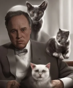 godfather movie Marlon Brando with her grey cat, extreme details, real, drinking, sober, digital art, extreme colors --ar3:2--v4--q2