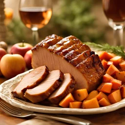 Brown Sugar Dijon Glazed Pork Loin with sweet potatoes and apples super realistic, Gourmet magazine close up shot, beautiful table.