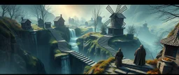 winding stairs in game waterfall and mill labyrinth landscape with houses and fog of war, monks looking up at camera