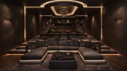 home cinema room, recliners, ambient lighting, warm environment