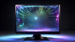 Realistic computer monitor made of ethereal glass and prismatic spider web.