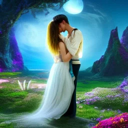 Realistic futuristic fantasy neverland kissing moonlight 8K resolution flowers romance