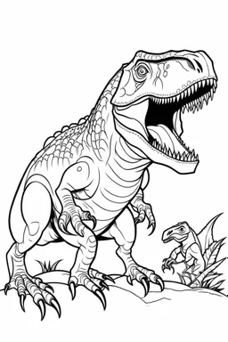 create a coloring page Depict a juvenile T-Rex being fed by its parent, who might be regurgitating food or bringing back prey to share. This scene can highlight the nurturing behavior of T-Rex parents. ink drawing clipart, simple line illustrations, colored