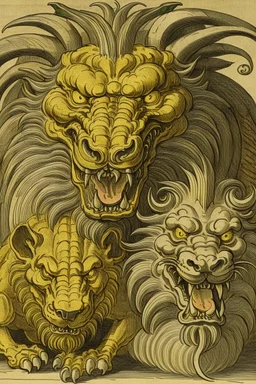 A three-headed dragon with the head of a lion, the head of a man and the head of a bull