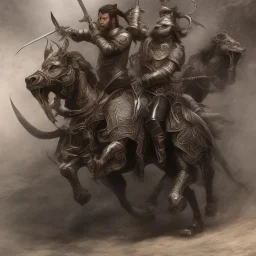 Nomad cavalry. Warriors. Damascus steel. Black. Sharp details. Roar. Fast galloping.