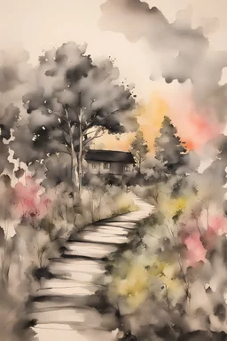 Where Reality Ends And Imagination Begins; Ink Wash with palette with colors of nature