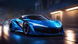 electric-concept car, electric blue paint, shining, on street, tooned style, big wheels, racing mode, darknight background. 3/4 view, high resolution picture, honda influence