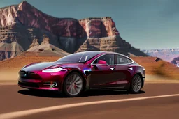 A Tesla 'Model Y' is going at a high speed, in the 'Grand Canyon National Park'. (CINEMATIC, WIDE ANGLE LENS, PHOTO REAL)