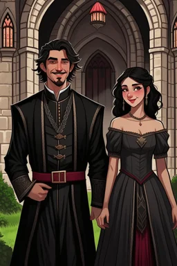 Strahd von Zarovich smiling, dressed in black and Ireena Kolyana frowning, wearing a wedding dress standing outside Castle Ravenloft in the illustrated style of dungeons and dragons