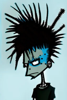 2d drawing of a stickman, cool with punk hair, x eyes like in hangman, looking over shoulder towards camera, 3d realistic in colour