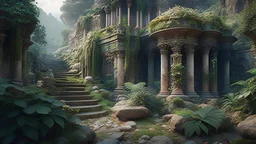 Gorgeous ancient city chiseled from rock mossy wet stone with vines