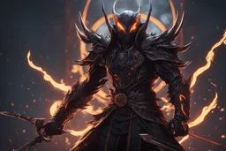 grendel in 8k solo leveling shadow artstyle, spider model, samurai them, neon effect, magic circle, full body, apocalypse, cover eyes, intricate details, highly detailed, high details, detailed portrait, masterpiece,ultra detailed, ultra quality