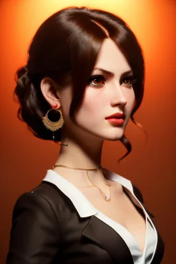 young business woman, brown hair, dark orange eyes, hoop earrings, red blouse, elegant, dark eyeshadow, black eyeliner, high arch angular eyebrows, head and shoulders portrait, 8k resolution, Artgerm, WLOP, Alphonse Mucha dynamic lighting, hyperdetailed, intricately detailed, retroanime