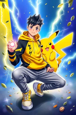 A highly detailed fantasy poster of a young man posing heroically with Pikachu from Pokémon. The man is kneeling on one knee, wearing a yellow and black sporty hoodie with lightning bolt designs, matching sneakers, and gray joggers. He is holding a glowing Pokéball in his right hand. Pikachu stands behind him, glowing with electricity, surrounded by lightning bolts and sparks of energy, with a vibrant blue and yellow background split with light effects. Leaves and glowing particles float around,