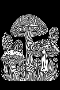 outline art for Porcini mushrooms coloring pages for kids 1 age , black background, easy, sketch style, only use outline, clean line art, black background