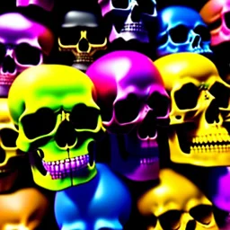 a picture of a dark, comedic, anatomically correct wall of colorful tightly packed stacked skulls of varying sizes and expressions, photo realistic, insanely meticulous, highly detailed, part of a collection of bones on display, 64k, dystopian, vray, cartoonish, cartoon character skulls