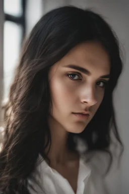 An incredibliy detailed medium shot macro shot of a 20 years old beautiful girl, long dark hair, an artistic portrait, detailed skin, detailed hair, facing to the camera, looking at the camera, dreamy mood, realistic, low aperture, bright image, Leica Q3, corner in the white room, white background, sunlight from the window, shadow of the window frame, golden hour