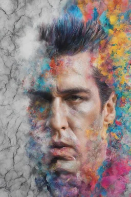 Elvis Presley, Billy Idol Hybrid, 4k UHD, photorealistic, bright, extremely colorful, multicolored, foggy, gradated marble wall background, extremely detailed skin texture,