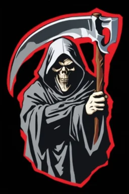 Grim-Reaper gripping scythe with both hands, vignette, black and white vector with a red outline, and black background