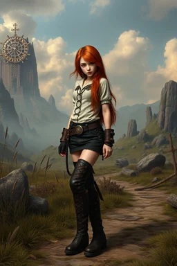 Photorealistic full-height photo of a skinny steampunk girl in boots with long, dark ginger hair in a fantasy landscape