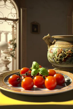 Italian Renaissance style still life consisting of a plate of Italian ravioli with natural cherry tomato and basil accompanied by olives, moisture ambient, natural ornaments, ceramic, marble, high kitchen, smooth, god rays, unreal engine 5, ray tracing, RTX, lumen lighting, ultra detail, volumetric lighting, 3d.