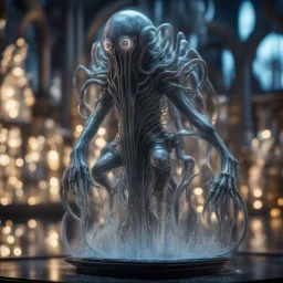 foaming giger escher ogre illithid araknid sculpture in transparent murano glass beeing sprinkled by light fountain,bokeh like f/0.8, tilt-shift lens 8k, high detail, smooth render, down-light, unreal engine,bokeh like f/0.8, tilt-shift lens 8k, high detail, smooth render, down-light, unreal engine