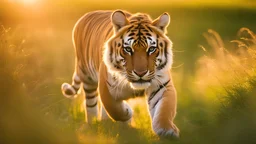((cheerful tiger, running, grassy field), sunny, bright, (golden hour lighting), soft focus, vibrant colors), polaroid, photograph, professional photograph, (high resolution, cinematic composition, telephoto lens)