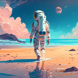 An astronaut walking on the beach of a beautiful sea, digital art, anime style, 4k, full details, high resolution