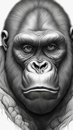 ππ§π€π’π₯π© highly detailed graphite illustration, A surreal gorilla face with exaggerated anatomical features, heavily wrinkled skin, and an intense, contemplative expression. bald head, thick eyebrows, long beard merge into swirling abstract shapes. Large, expressive hands, one covering the mouth and the other gripping the forehead tensely. Mysterious, introspective, dreamlike, somewhat dark fantasy. #ππ§πart #prompt