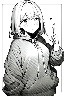 girl dressed in a loose sweatshirt and with one hand resting on her heart, line arts, greyscale