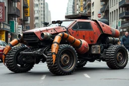 A car that's a hybrid between a organic crab and a mecanic tank, robotic, ready for battle, worn-out, with large rims and tires, fully mechanical, on a street in post-apocalyptic cities.
