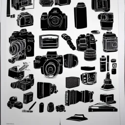 elements of photographic equipment. poster graphics. high detailed. ink and acrylic.