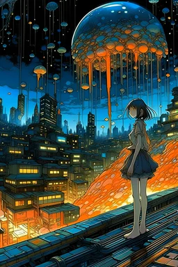 Yoshitaka Amano, Katsuhiro Otomo, keiko takemiya, Surreal, mysterious, strange, fantastical, fantasy, Sci-fi, Japanese anime, Shinjuku night view, skyscrapers, neon signs, giant jellyfish floating in the sky, beautiful high school girl in a miniskirt looking up at jellyfish from the ground, perfect body, bird’s eye view, detailed masterpiece depth of field cinematic lighting
