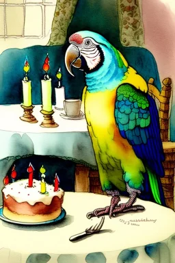 Parrot wearing jarmulke is sitting at a table with a birthday cake. Watercolour