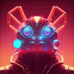 portrait painting of a cyberpunk red robot spider, ultra realistic, intricate details, ultra highly detailed, shiny, smooth, studio quality, octane render, Surrealism, Triadic colour scheme,glow-stick, ambient lighting,nightclub lighting, polaroid, 100mm, --ar 1:1 --v4