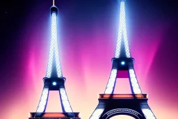 Eiffel tower but bigger and made from diamonds , aurora & flying cars in shot