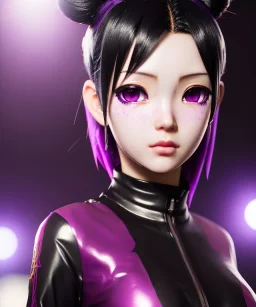 Detailed cute anime Kunoichi girl, purple hair buns, purple bangs, black latex bodysuit, intricate details, full body portrait, keep head in frame, slight smile, black Japanese motif, concept art, highly detailed, digital painting, concept art, sharp focus, illustration, art by Yoji Shinkawa, WLOP and greg rutkowski and alphonse mucha and artgerm and yanjun Chen and Junji ito and Makoto Shinkai, HDR, octane render