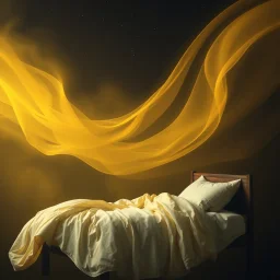 a bed flying through a dark yellow sky, golden mist, flowing fabric, night