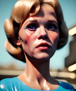 Ultra Realistic retro sci-fi movie Supermarket parking scene, 1960 year, waist up view portrait, 2 clones blonde women, sweet young Jane Fonda face, perfect iris, glow eyes, face makeup, tight latex coat, Scare people background, Retro sci-fi style, soft color, highly detailed, unreal engine 5, ray tracing, RTX, lumen lighting, ultra detail, volumetric lighting, 3d, finely drawn, high definition, high resolution.