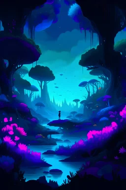 Immerse yourself in a mesmerizing world where reality blurs and vibrant hues dance upon a dark canvas. Picture a breathtaking scene bathed in deep shades of black and blue, creating an otherworldly ambiance. The foreground is adorned with intricate psychedelic shapes, reminiscent of ethereal flora and fauna, their outlines pulsating with a neon glow. As your gaze extends, the landscape morphs into an enigmatic dreamscape. Mystical creatures glide through the air, their iridescent wings leaving t