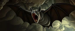 Large bat mid-screech, mouth wide open, exaggerated sound waves, cave ceiling, dramatic lighting, semi-realistic fantasy art with comedic emphasis