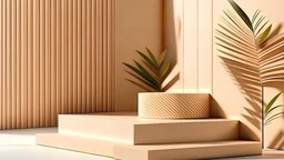 Mockup Step Display For Present Product With Sunshade Plant Shadow On Beige Color Wall Abstract Background 3d Render