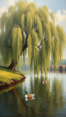 Bosch painting style , old willow tree by the river , a lovely ducks is swimming in the river