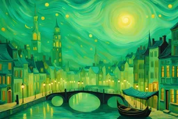 Create a magical city escape, with a detailed, imaginative depiction in the style of Vincent Van Gogh, using acrylic material, illuminated by dreamy haze, featuring mint green colors, an aerial perspective, high detail quality, --v 1.