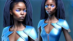 She's diminutive, with brown skin, short black dreadlocks hair. She has indigo blue eyes. She has a long blue cape over a white dress.