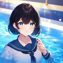 Clear focus,High resolution, Black short fluffy hair, and blue eyes, wearing a sailor uiform, in a pool