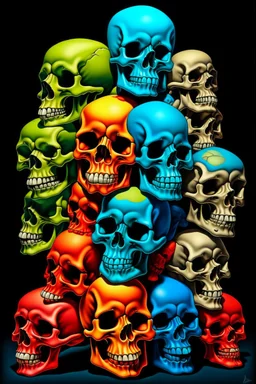 a stack of 1000 nearly anatomically correct cartoonish skulls, vivid colors, dark comedy, well lit, high detail,